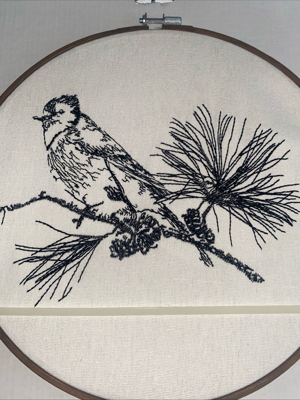 Boho Round Hoop Wall Decor black embroidered Bird white Canvas